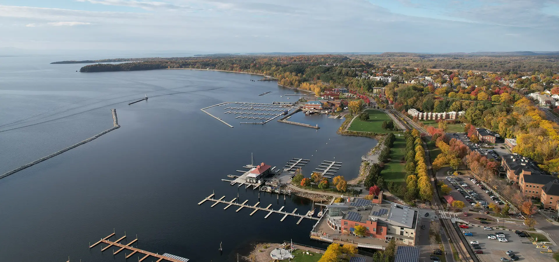 Aerial view of Burlington, Vermont waterfront and marina on Lake Champlain near South Burlington.